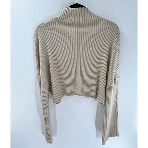 Women's Olivaceous Beige Ribbed Bell Sleeve Cropped Ovbersized Sweater Size M - Picture 6 of 6